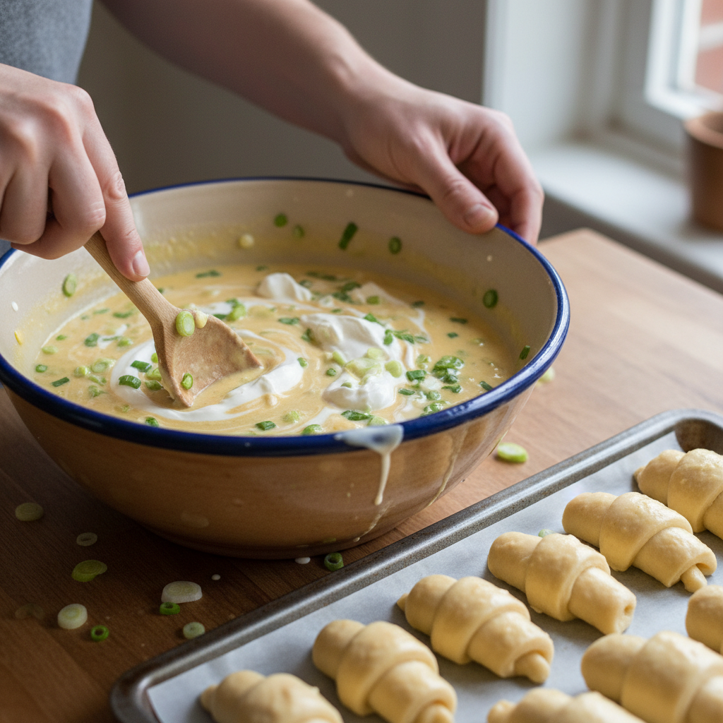 Pouring sauce over the crescent rolls in casserole dish