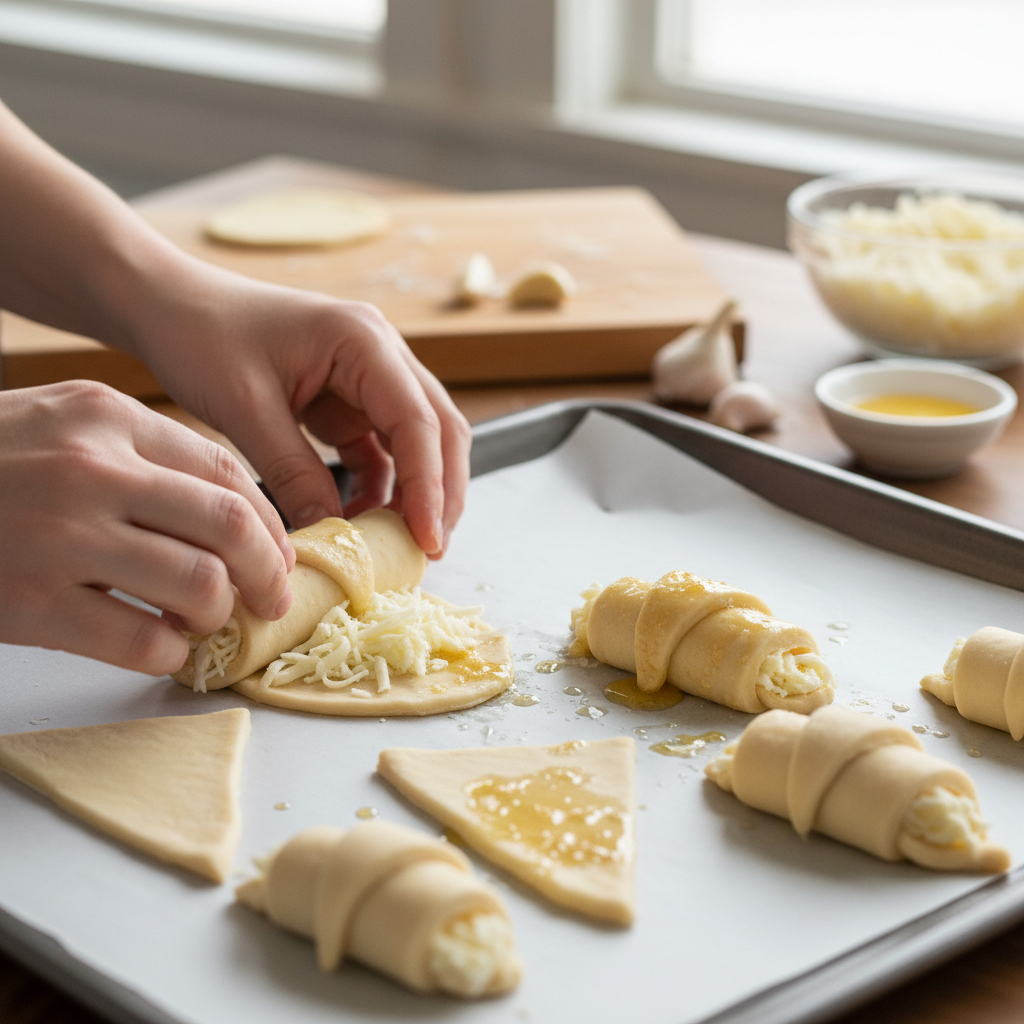 Unrolled crescent dough with cheese on it