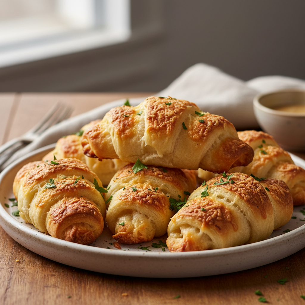 Golden crescent rolls cooling on tray