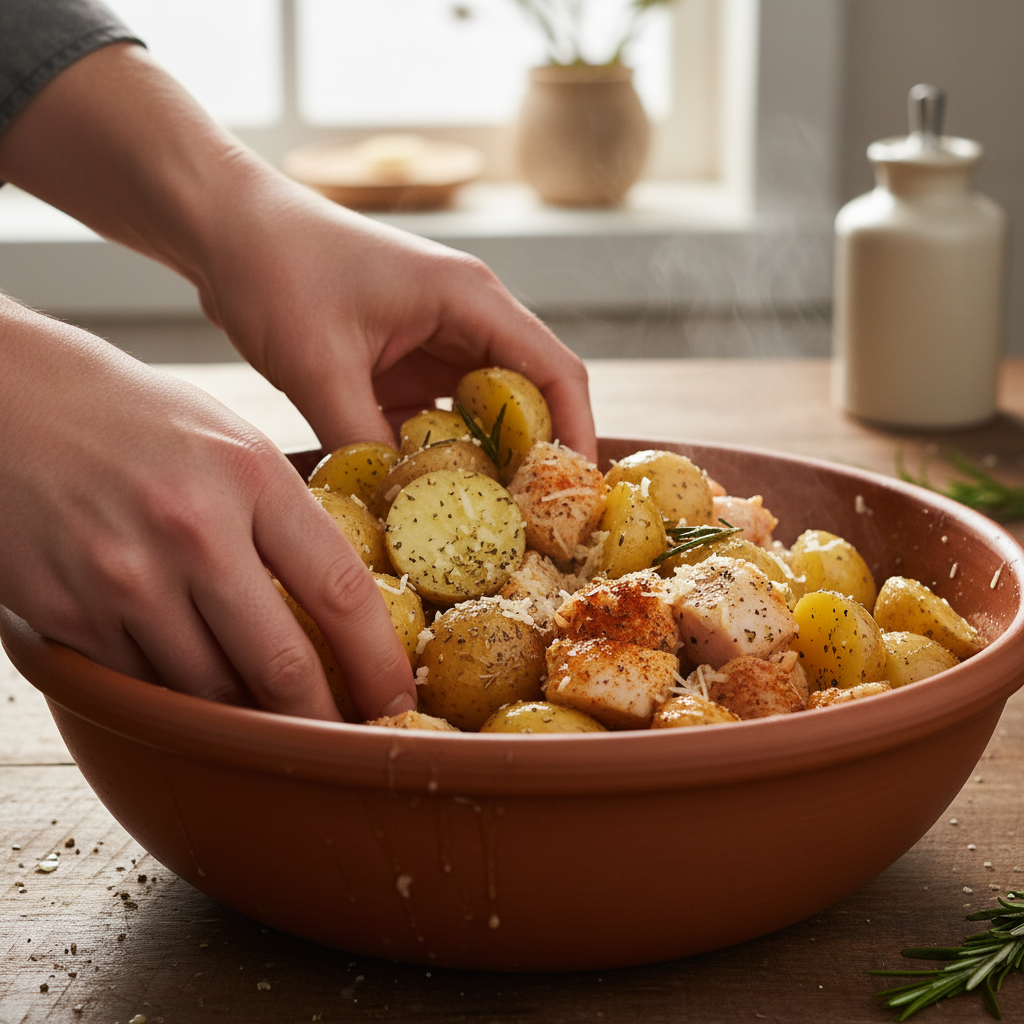 Mixing bowl with butter, garlic, Parmesan, and seasonings for the recipe