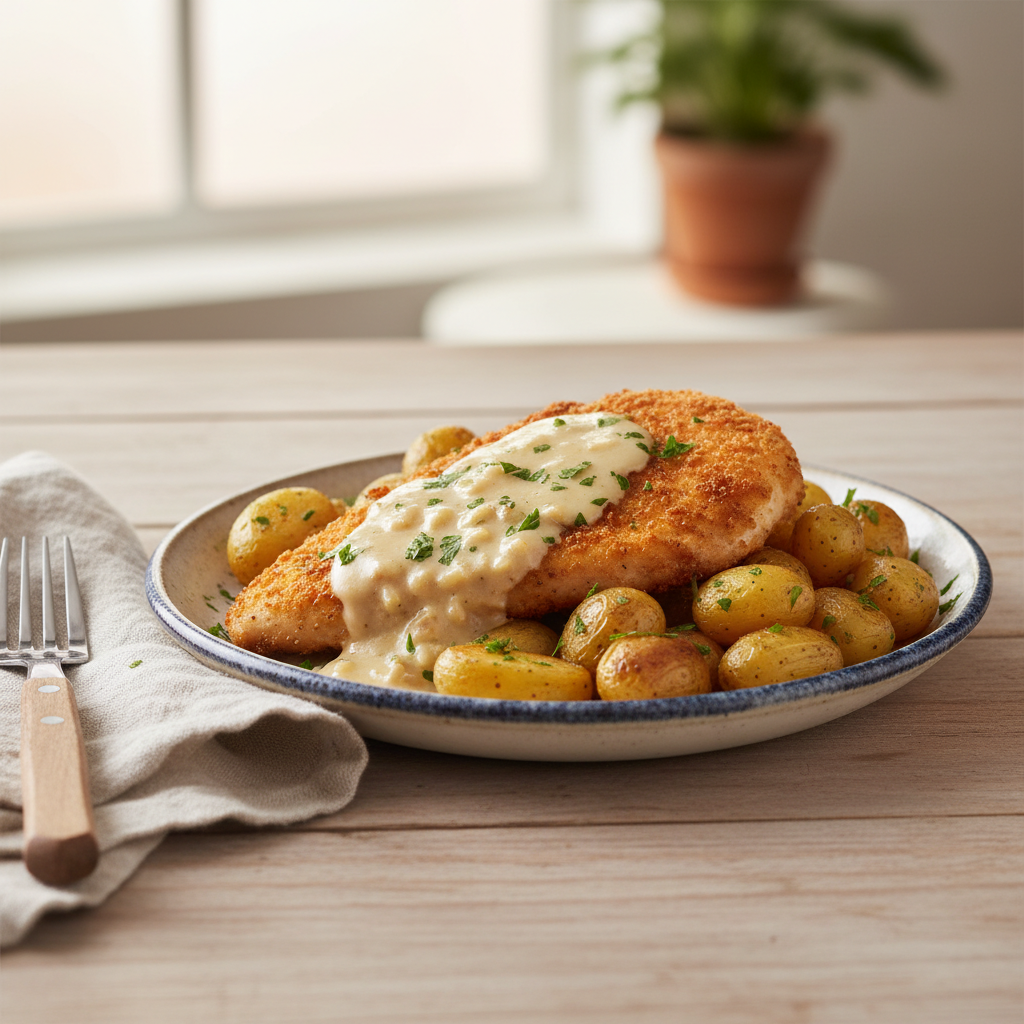 Serving suggestion with parsley garnish for Garlic Parmesan Chicken and Potatoes