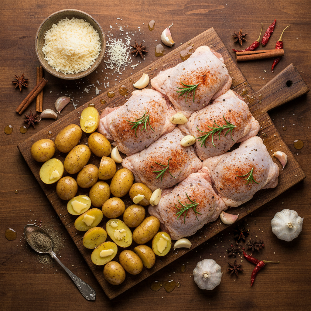 Tools for Garlic Parmesan Chicken recipe on a wooden board