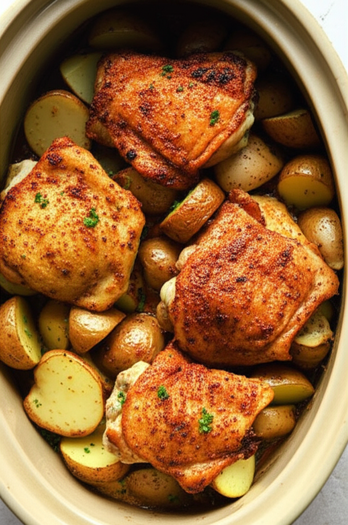 Garlic Parmesan Chicken with Potatoes served on a plate