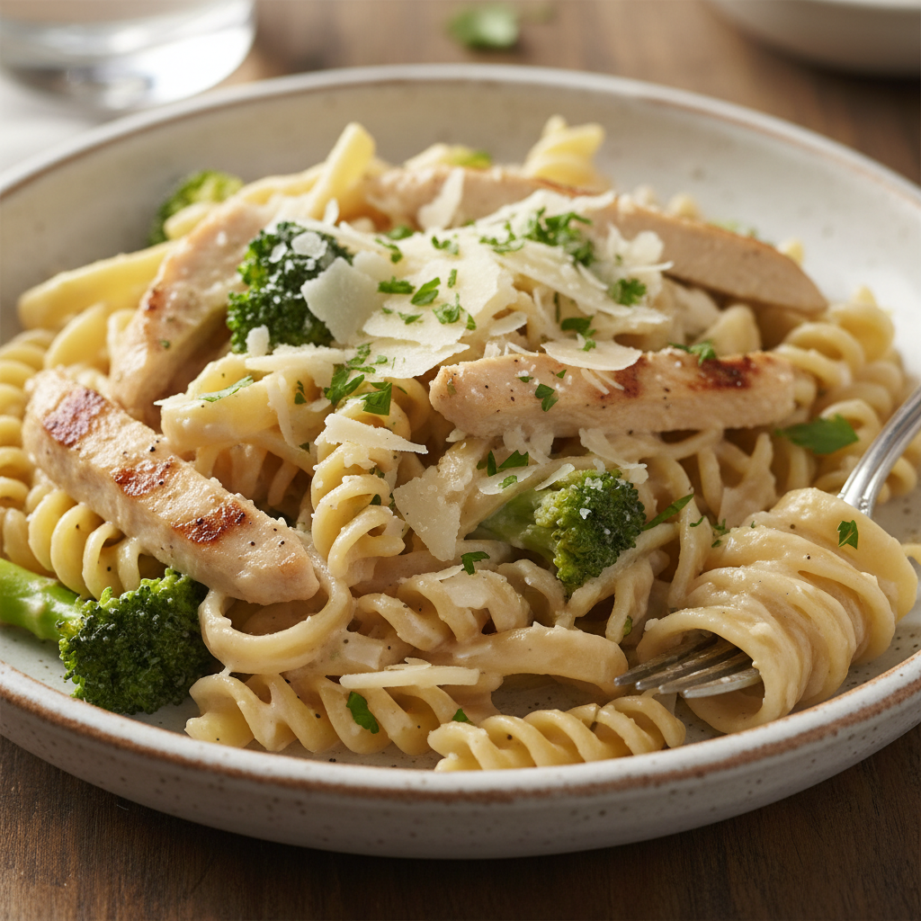 Serving suggestions for healthy chicken Alfredo pasta