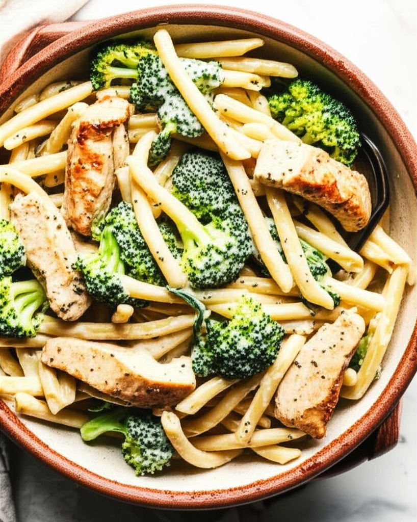 Healthy low-calorie chicken Alfredo with broccoli