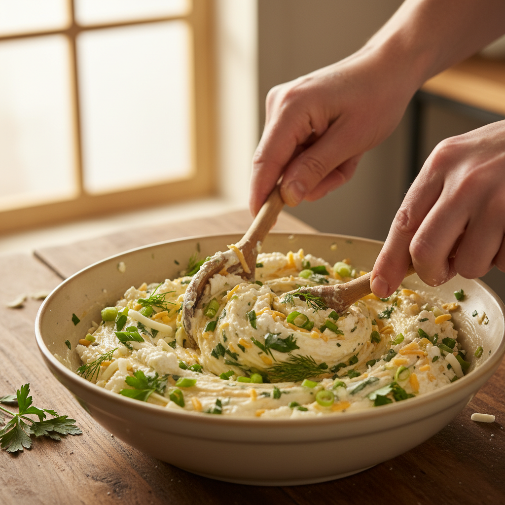 Mixing cottage cheese, eggs and herbs in a bowl