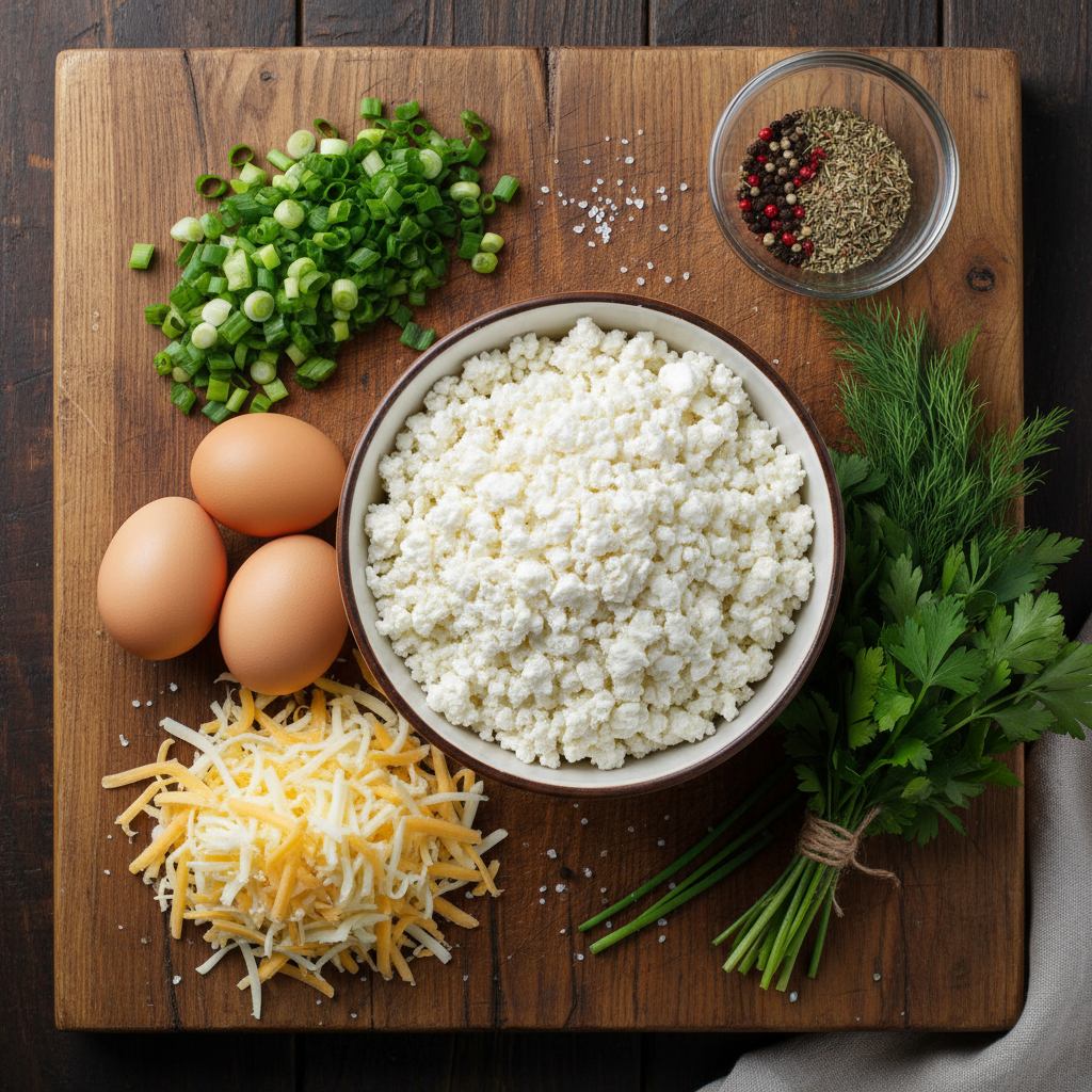 Ingredients for Baked Cottage Cheese Eggs on a wooden table