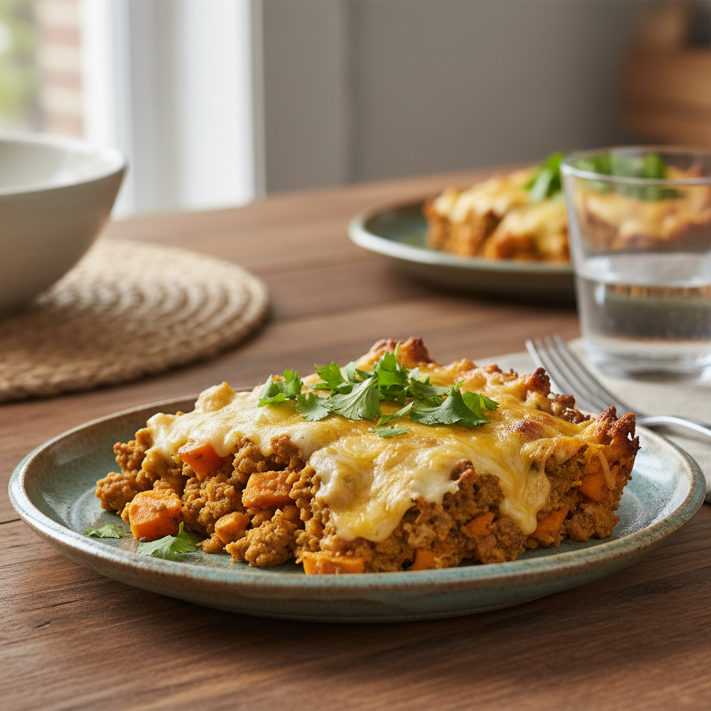 Served casserole with garnish and sides