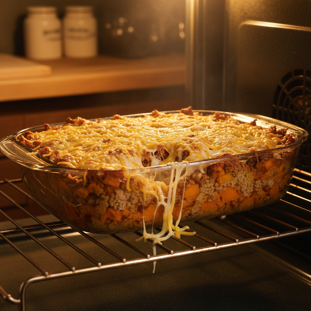 Ground Turkey Sweet Potato Casserole in a dish
