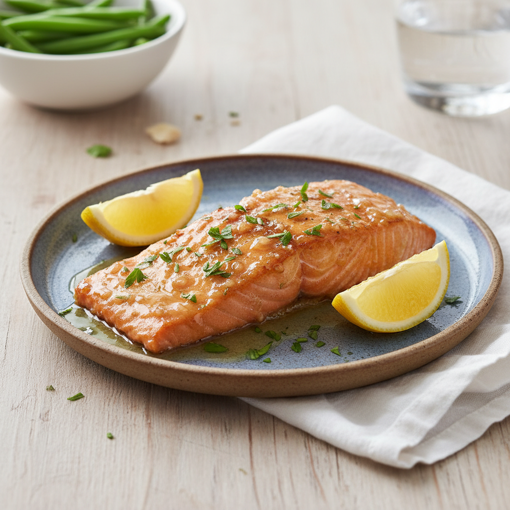 Beautifully served Honey Garlic Butter Baked Salmon with garnish