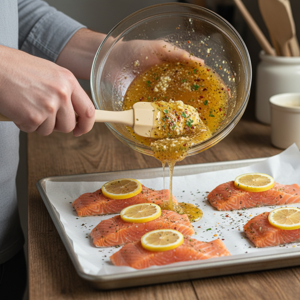 Preparing garlic butter sauce and coating salmon with it