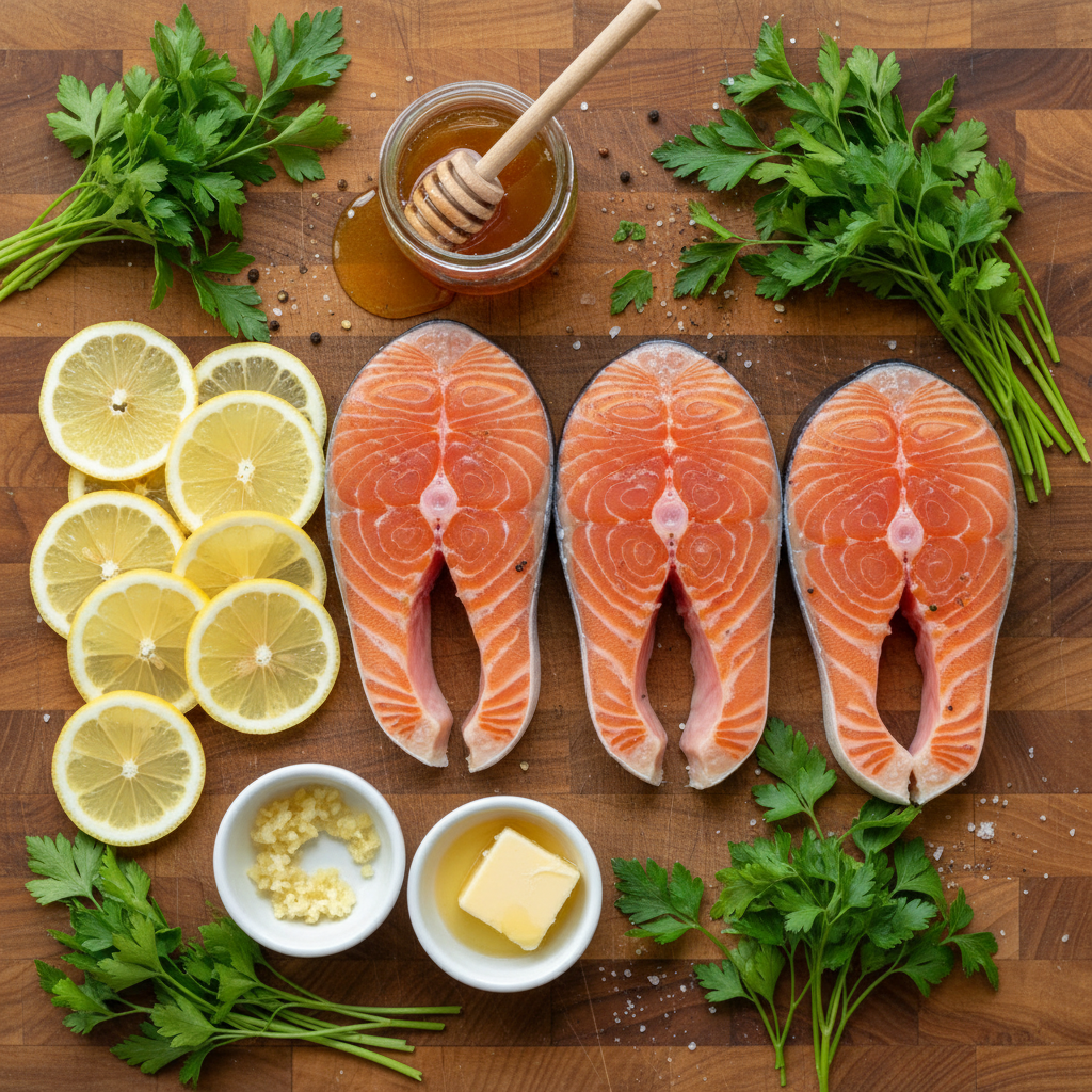 Ingredients for Honey Garlic Butter Baked Salmon laid out