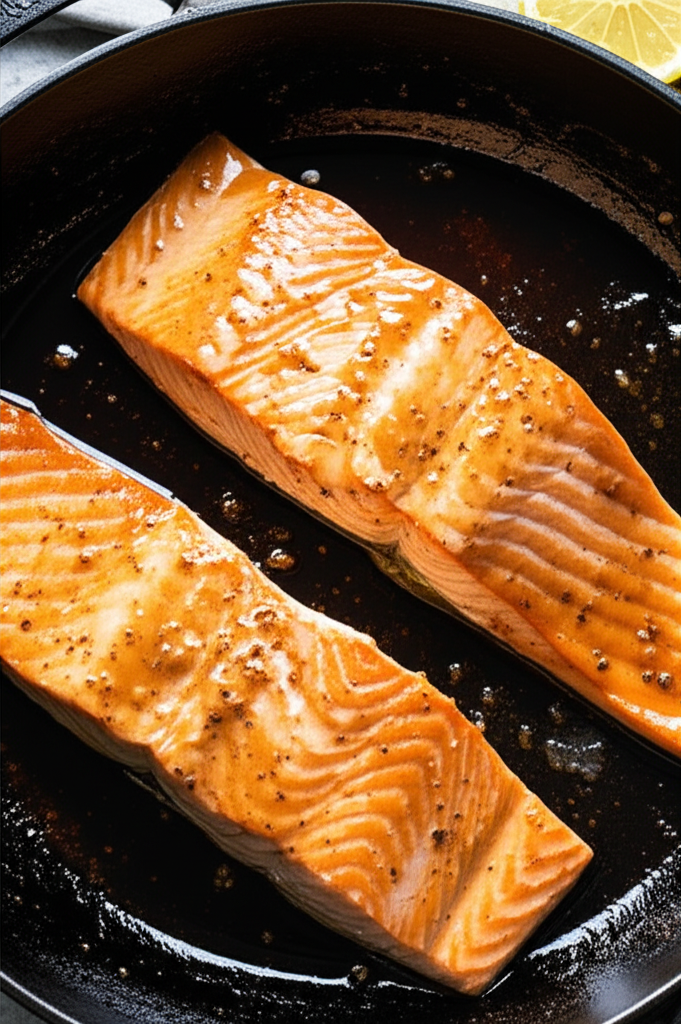 Honey Garlic Butter Baked Salmon on plate with garnish
