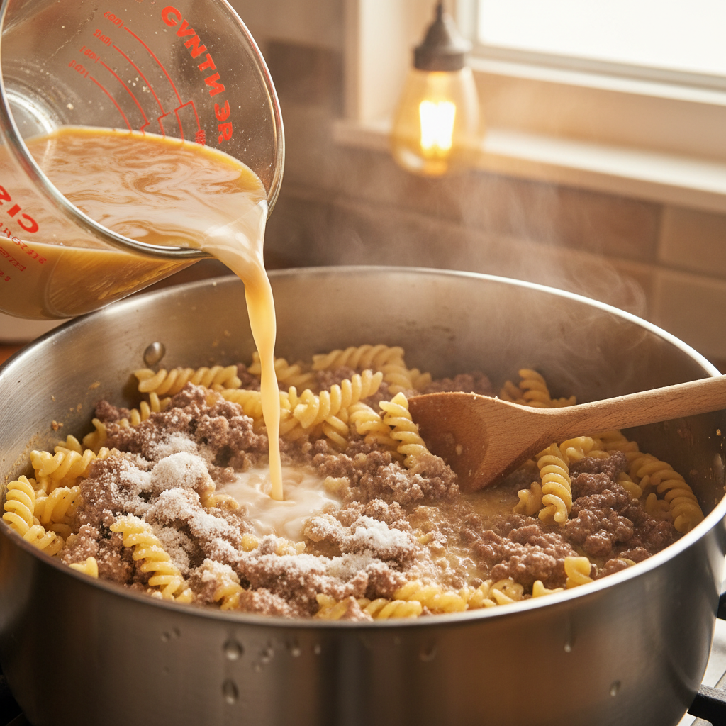 Stirring pasta and ranch seasoning in pot