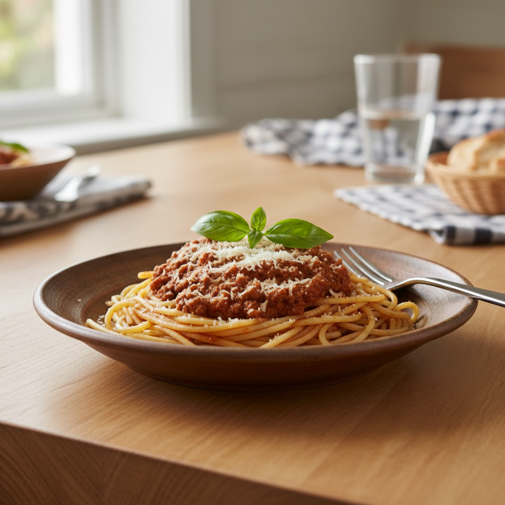 Finished spaghetti with meat sauce served with Parmesan and basil