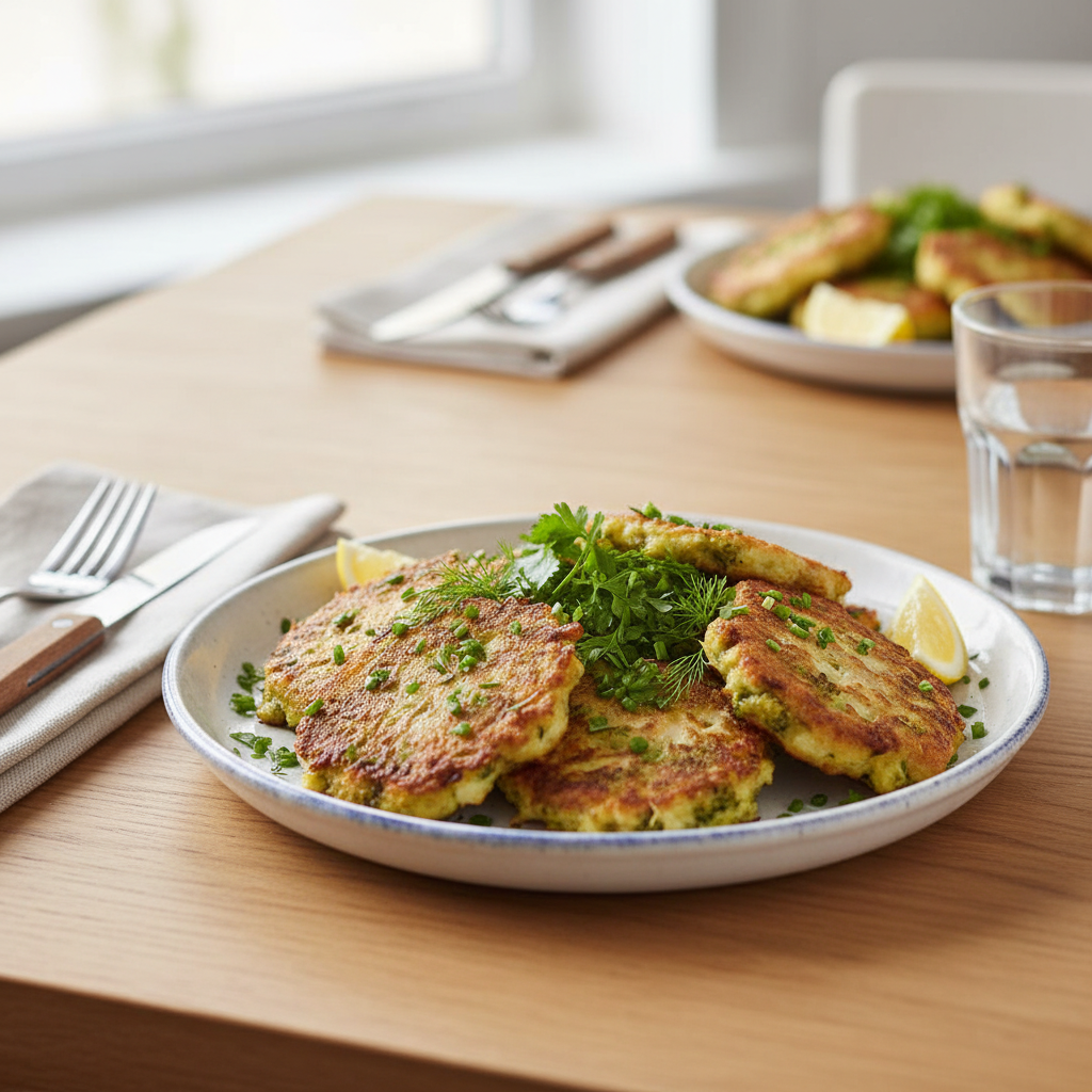 Golden brown cooked chicken fritters ready to serve