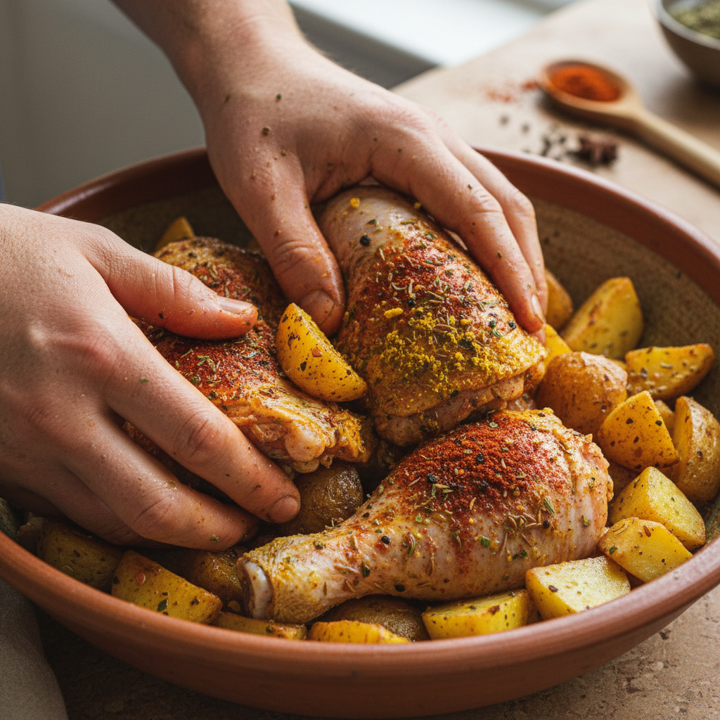 Chicken being seasoned and cooked in a pan