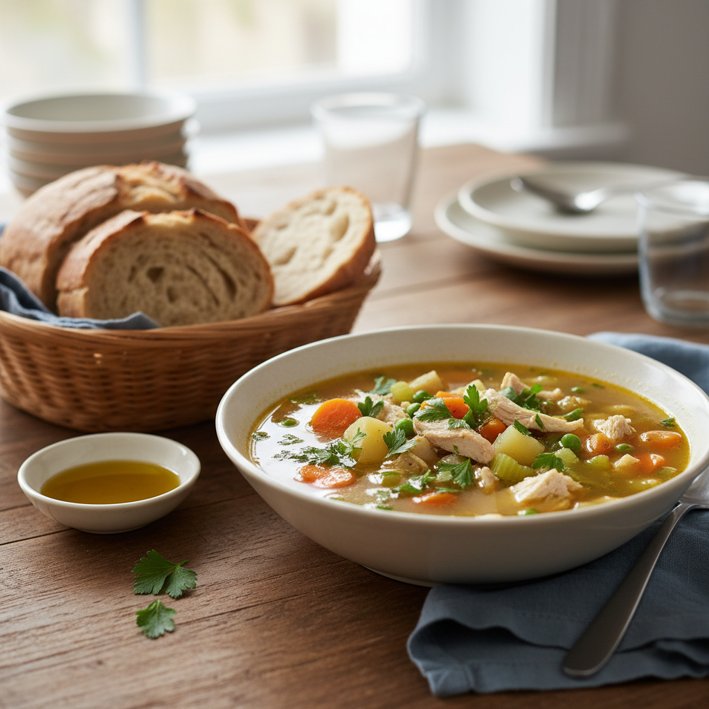 Fresh chicken soup with vegetables ready to serve
