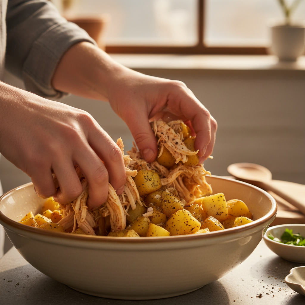 Cooking chicken, potatoes, and vegetables in pot