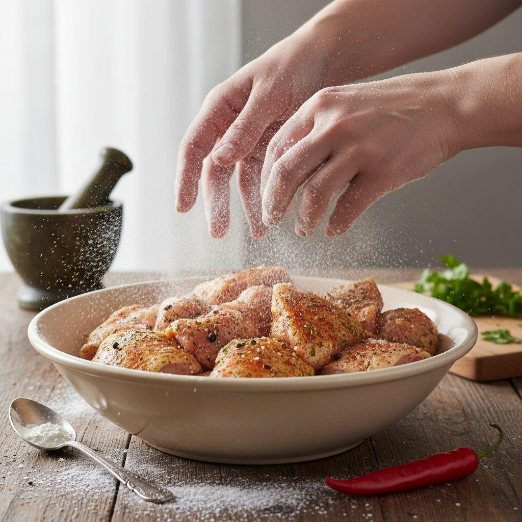 Chicken tossed with seasoning and cornstarch