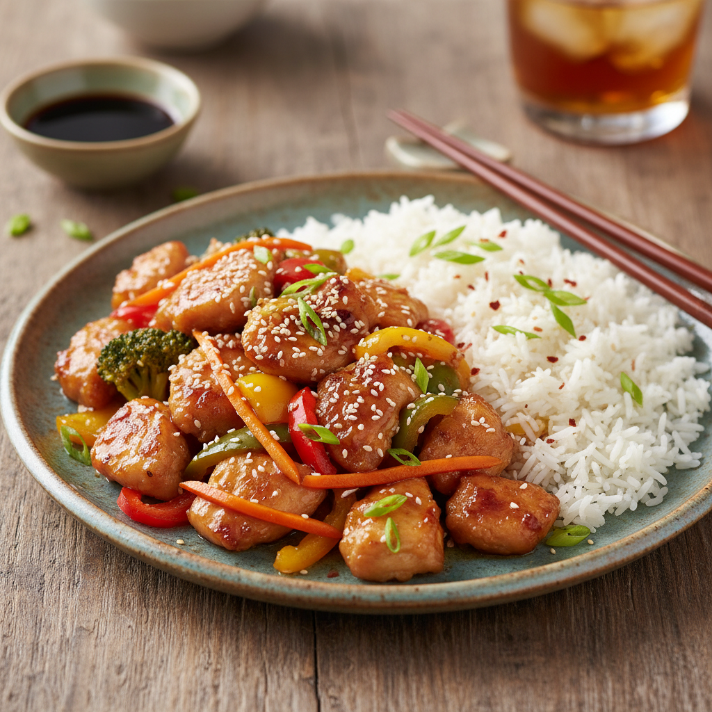 Finished honey garlic chicken stir-fry served over rice with sesame seeds and green onions