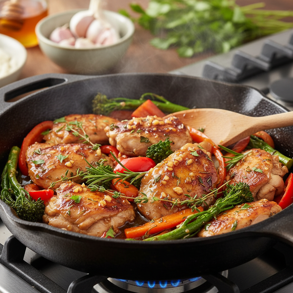 Honey garlic chicken stir-fry served with rice