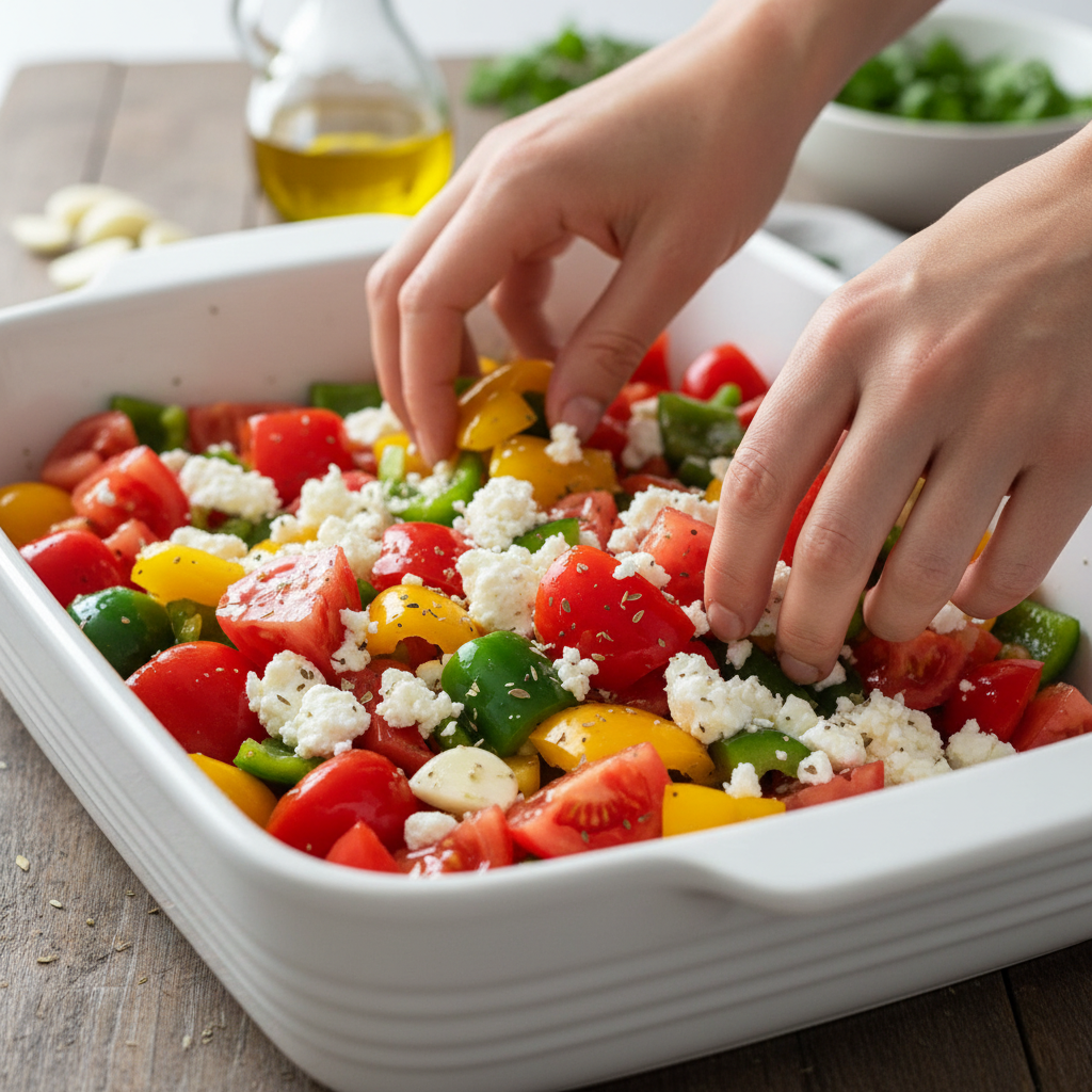 Mixing vegetables, feta, and olive oil in baking dishes