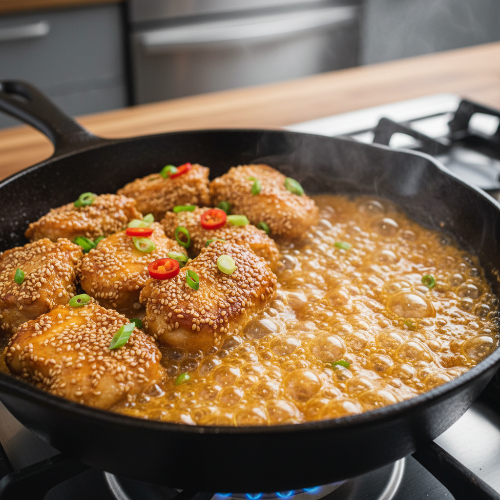 Sesame chicken on skillet with sauce