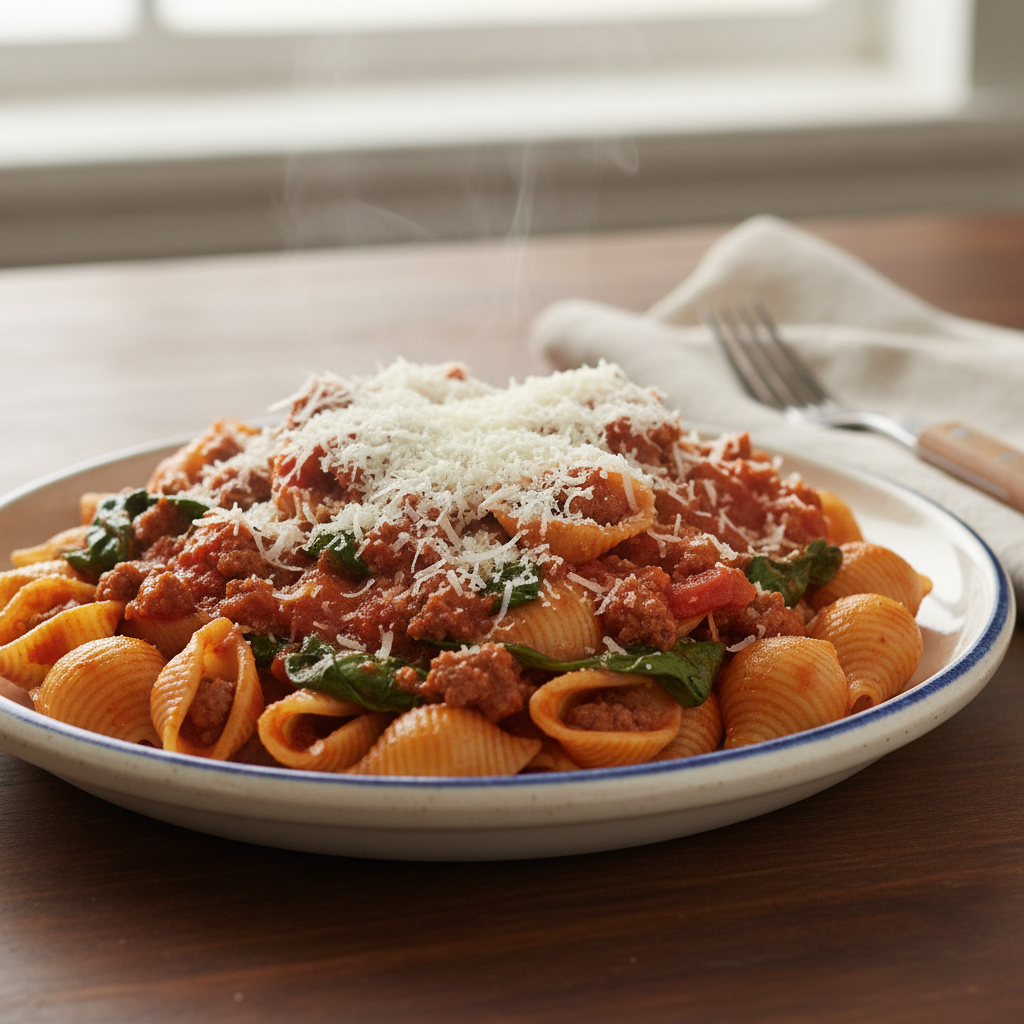 Finished plated ground beef pasta dish with garnish