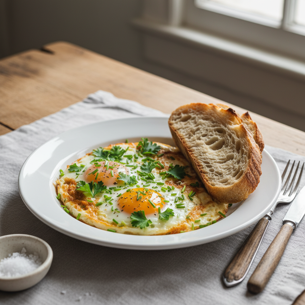 Baked feta eggs served with fresh herbs and bread
