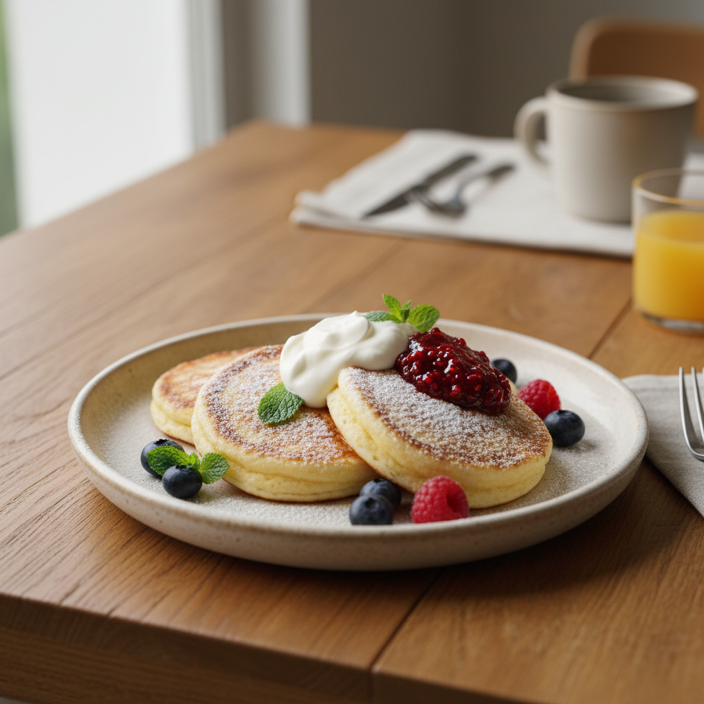 Served ricotta pancakes with sour cream and jam