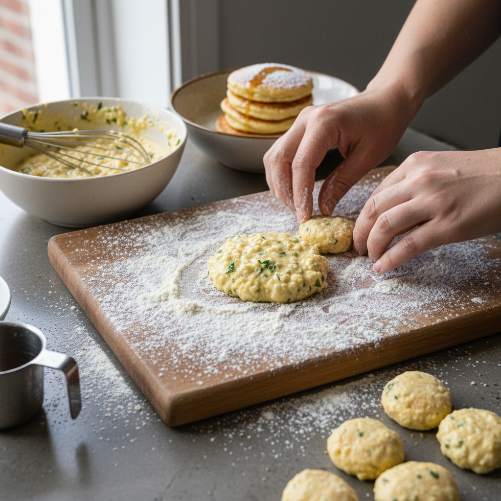 Shaped ricotta pancake patties ready to fry