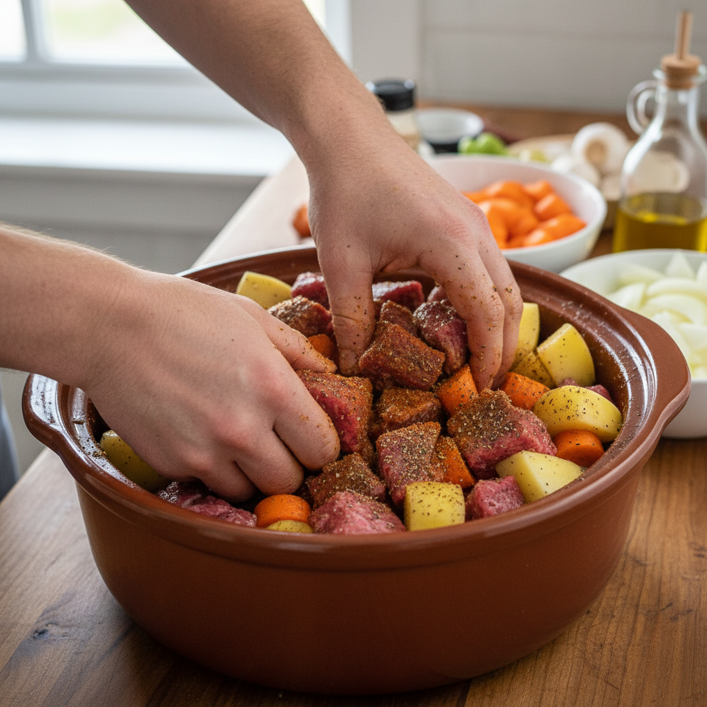 Mixing and layering meat and vegetables in the crock pot