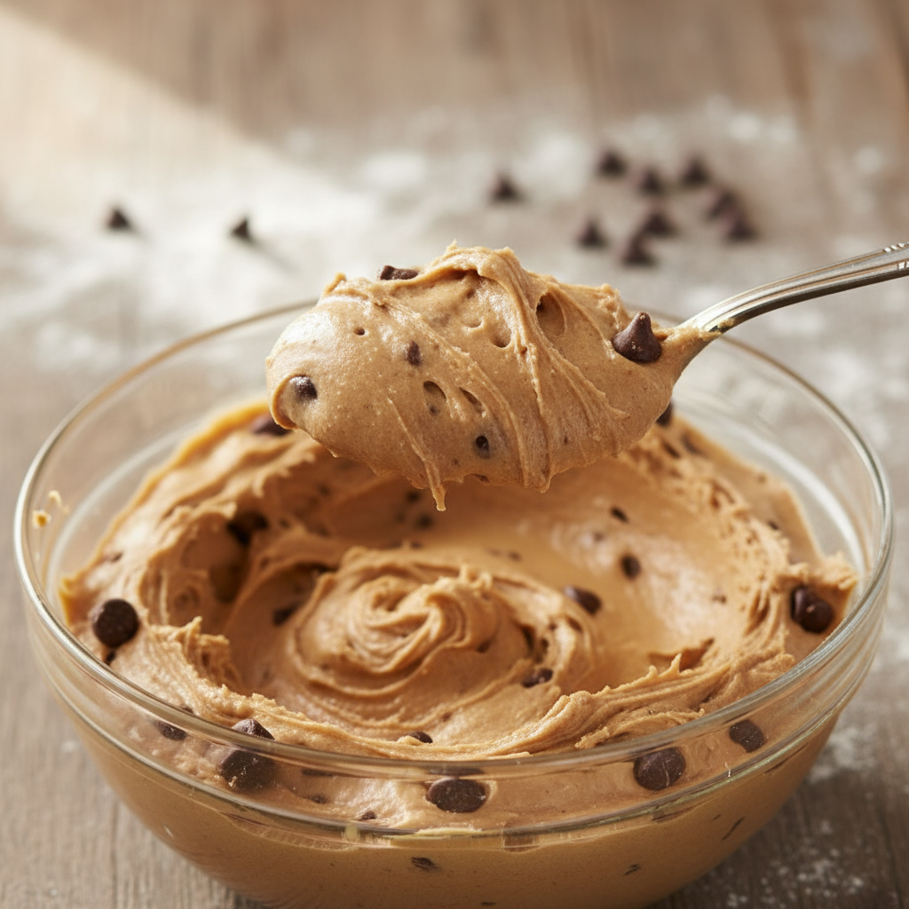 Container of edible cookie dough stored in fridge