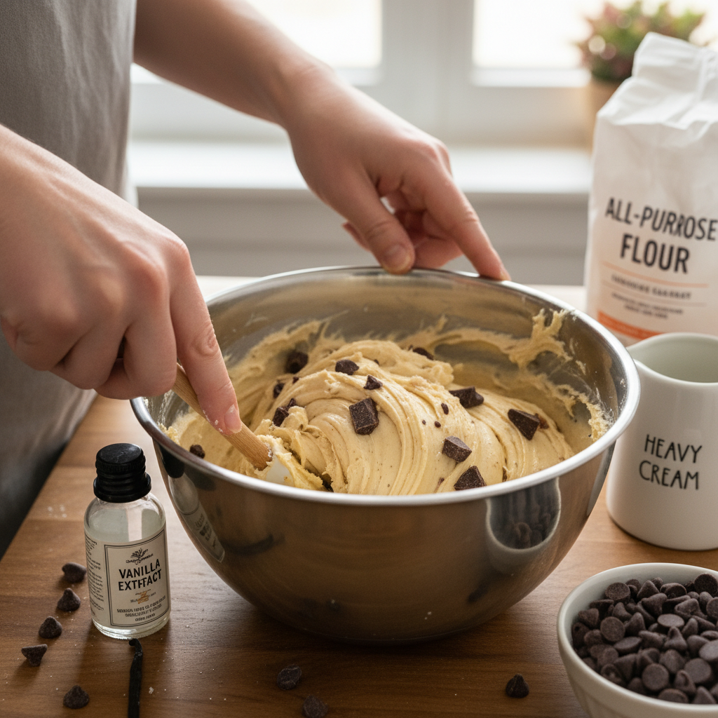 Mixing edible cookie dough ingredients in a bowl