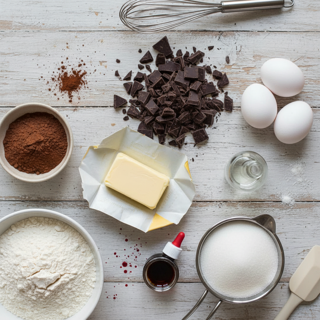 Ingredients for fudgy red velvet brownies