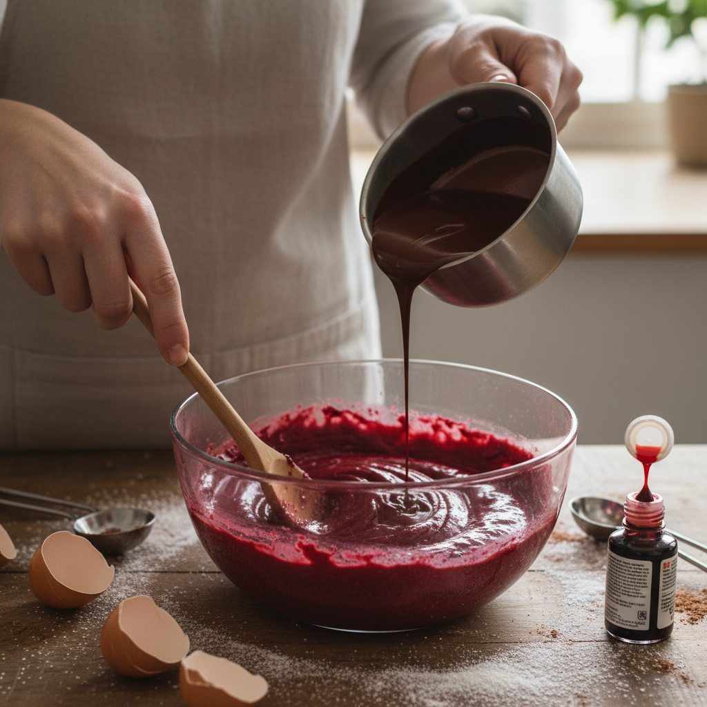 Wet ingredients combined in bowl for red velvet brownie batter