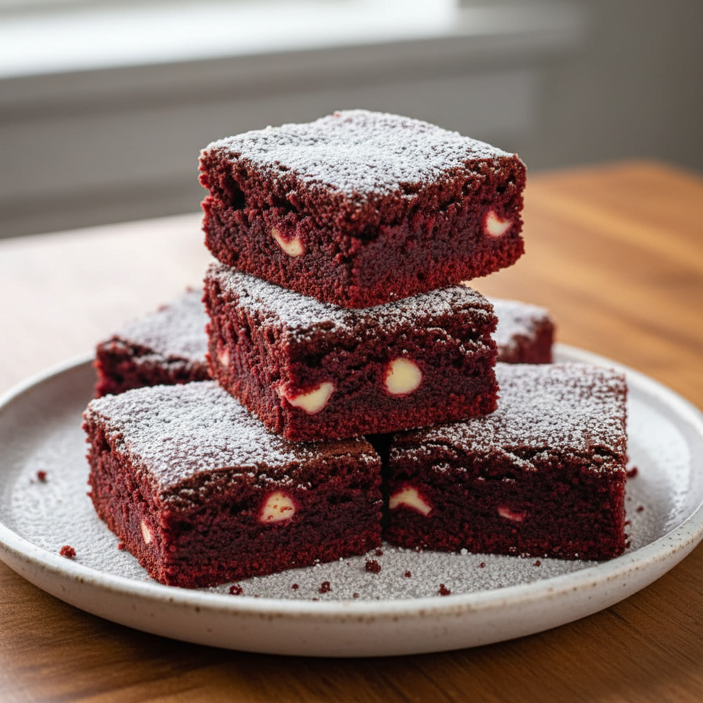 Finished fudgy red velvet brownies cooling and sliced on tray