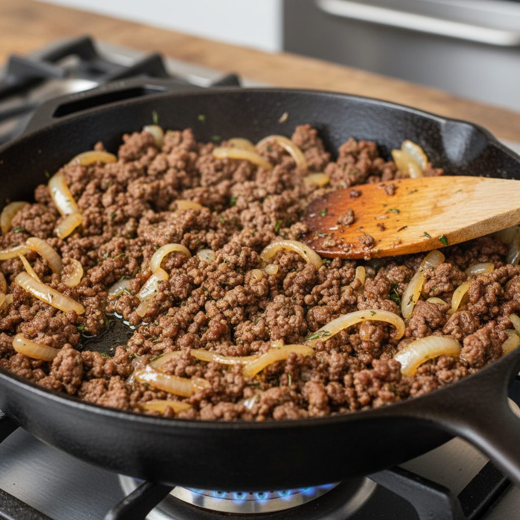 Ground beef cooking with onions in skillet