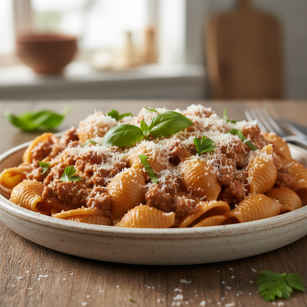 Finished ground beef shells skillet garnished with Parmesan and herbs