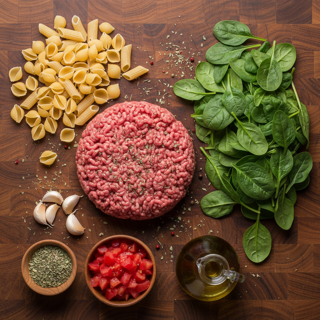 Ingredients for ground beef shells skillet