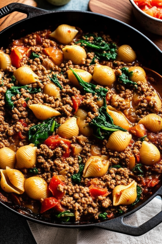 Delicious pasta shells with ground beef, spinach, and tomatoes