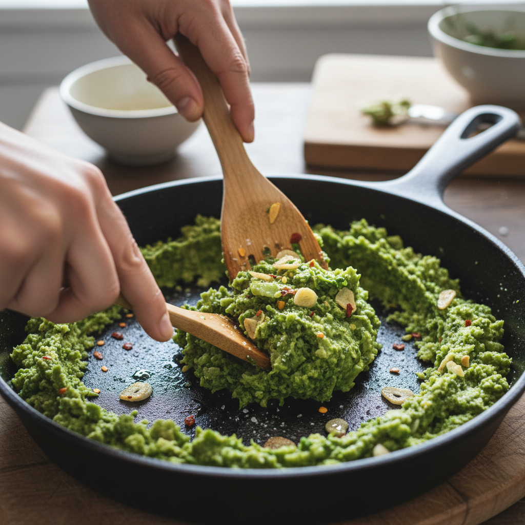 Cooking and mashing broccoli in skillet