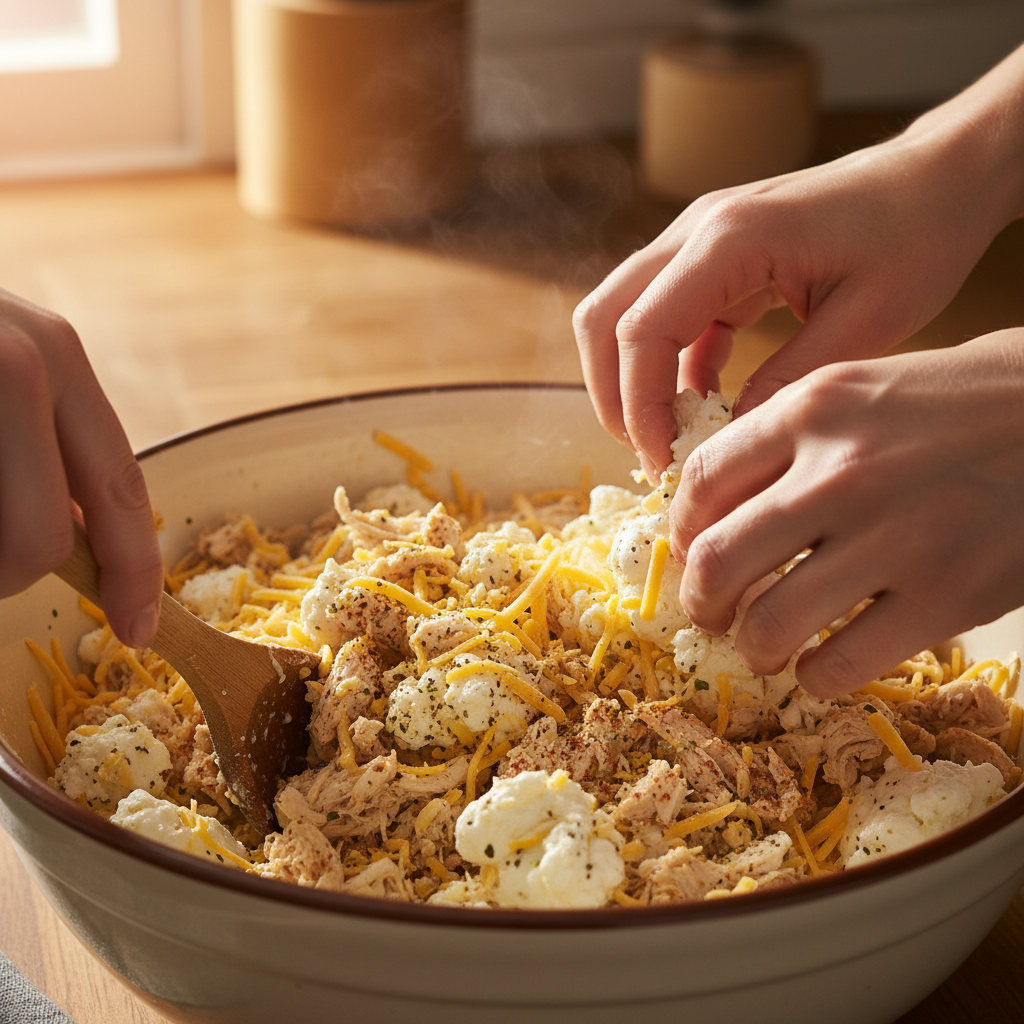 Mixing chicken filling ingredients in a bowl for Crescent Rolls