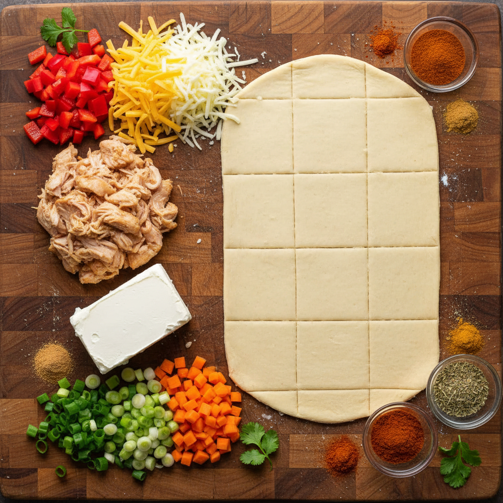 Ingredients for Chicken Stuffed Crescent Rolls displayed on a kitchen counter