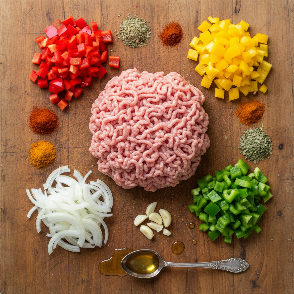 Colorful ground turkey and peppers ingredients