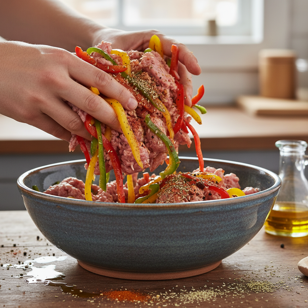 Adding vegetables and spices to ground turkey