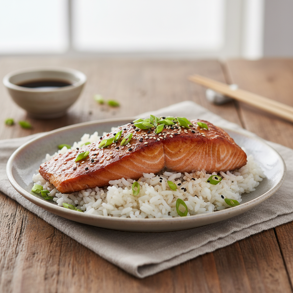 Served baked teriyaki salmon with vegetables