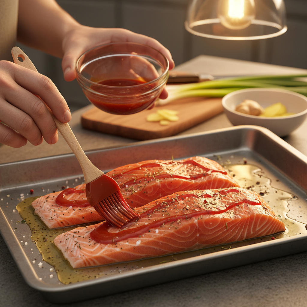 Salmon fillets coated with teriyaki sauce on baking sheet
