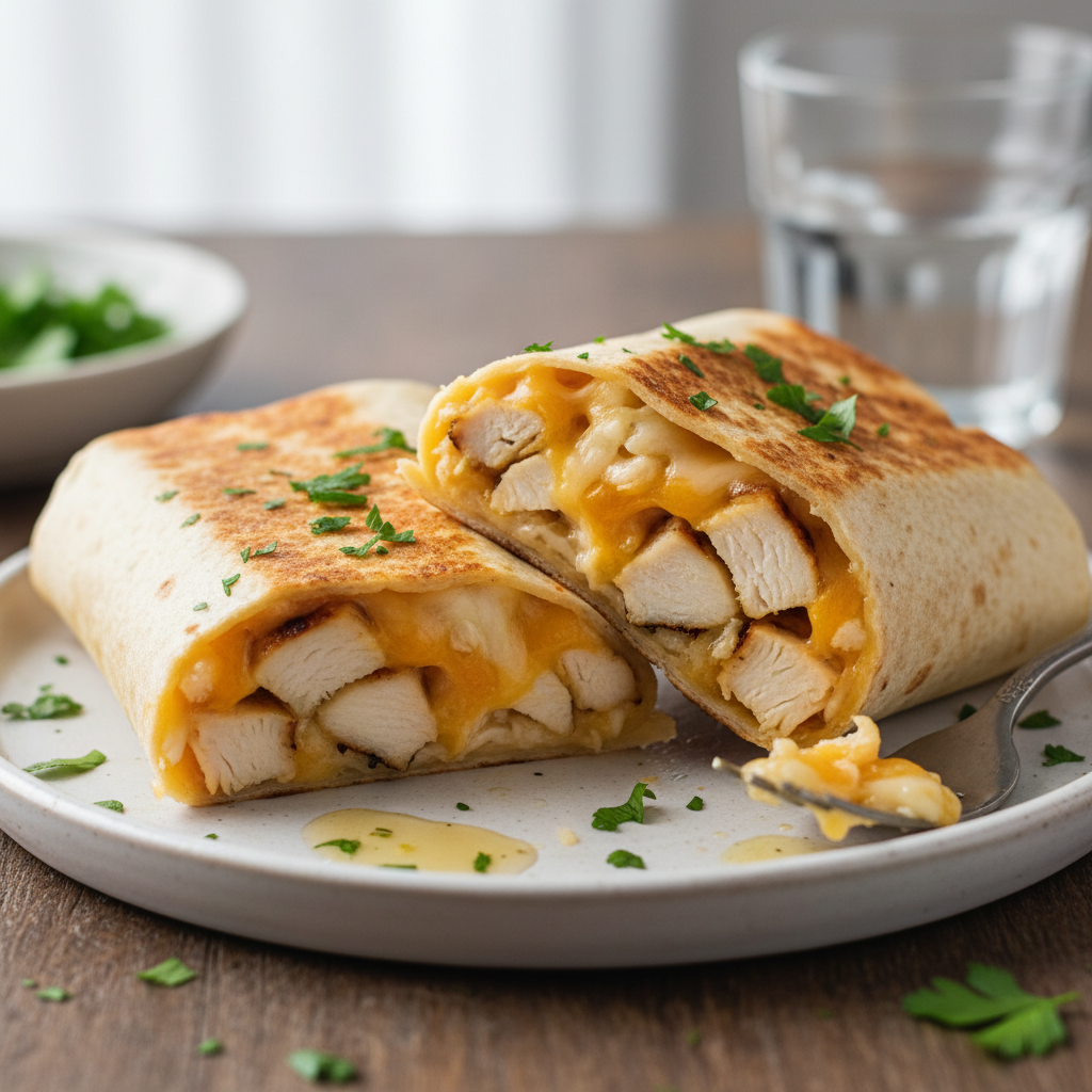 Serving suggestions for Cheesy Garlic Chicken Wraps with salad and fries